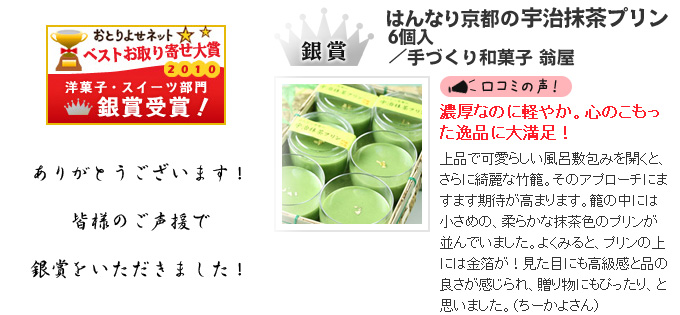 はんなり京都の宇治抹茶プリンがお取寄せ大賞銀賞受賞！